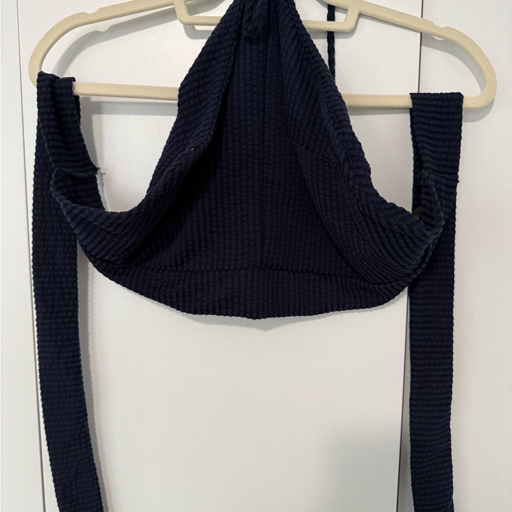 Lulu's Deep Blue Ribbed Halter Tank - Picture 2 of 6